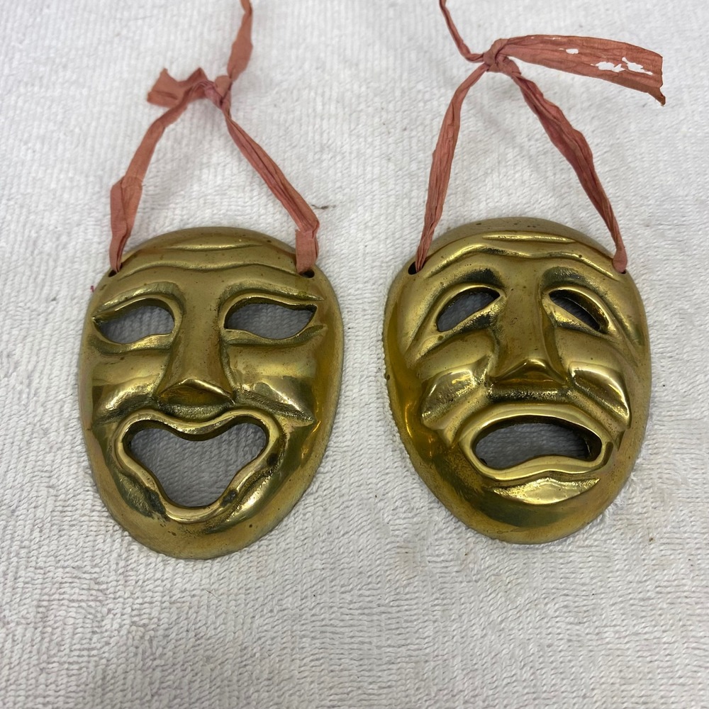 Vintage Solid Brass Comedy Tragedy Theater Masks Set Decorative Wall Art Taiwan
